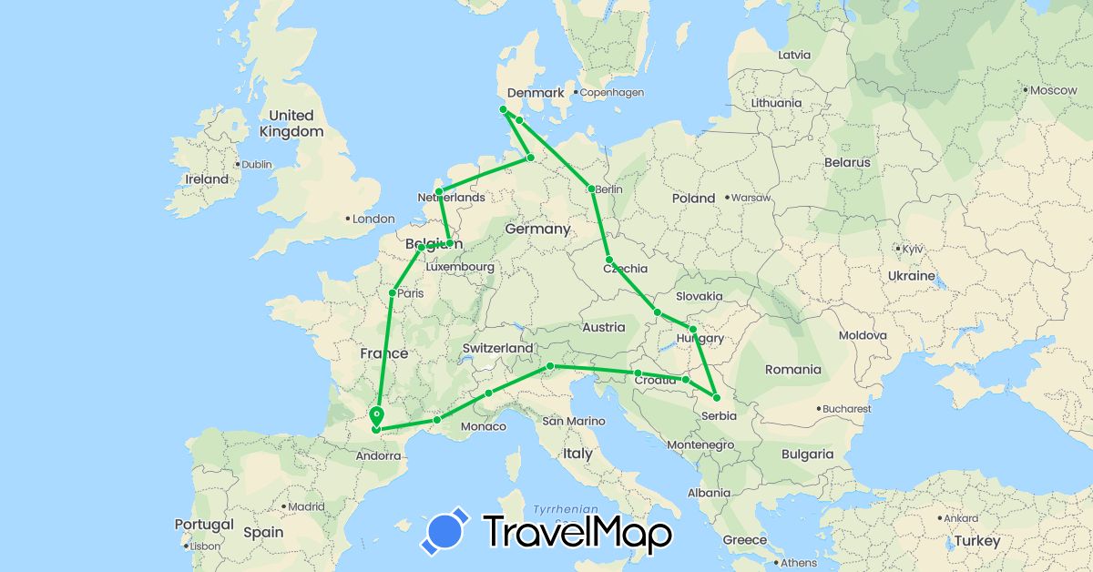 TravelMap itinerary: driving, bus in Czech Republic, Germany, Denmark, France, Croatia, Hungary, Italy, Netherlands, Serbia, Slovakia (Europe)